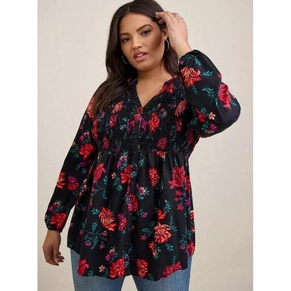torrid Tops - Torrid Womens Smocked Babydoll Top Size 3X Button Long Puff Sleeve Floral‎ Print